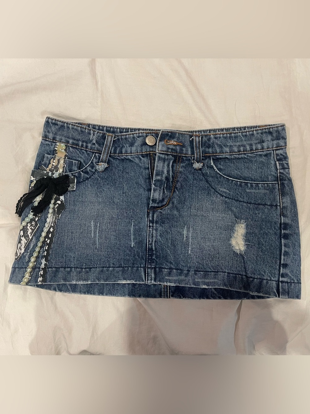 Forever 21 Dark Blue Distressed Denim Mini Skirt with Ribbon & Sequin Trim